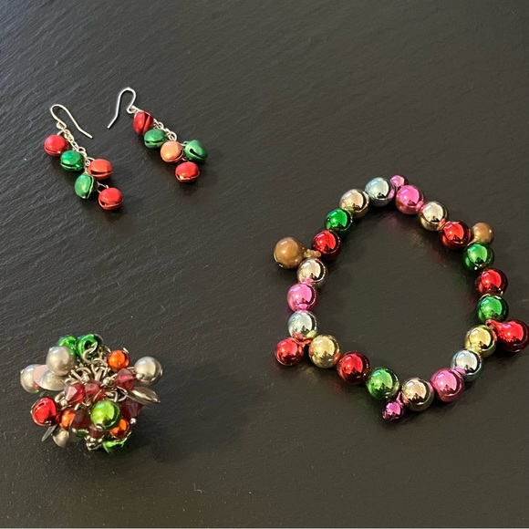 Christmas Holidays Multicolor Beaded Bells Set with Ring Earrings & Bracelet - Picture 6 of 14